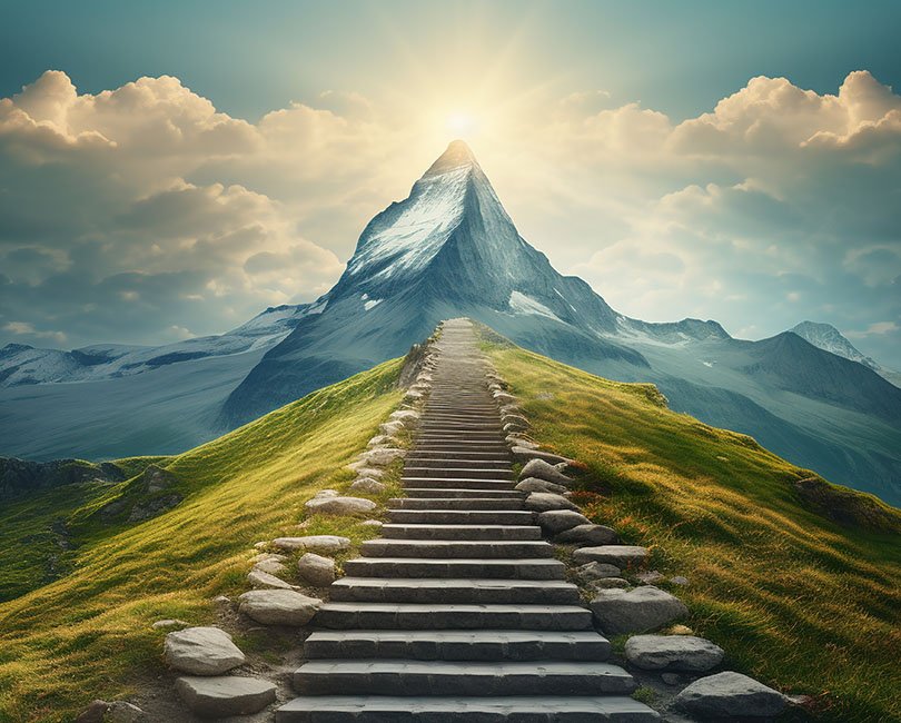 A stone staircase ascends a green hill towards a tall, snow-capped mountain with the sun shining brightly at the peak, under a sky with scattered clouds.