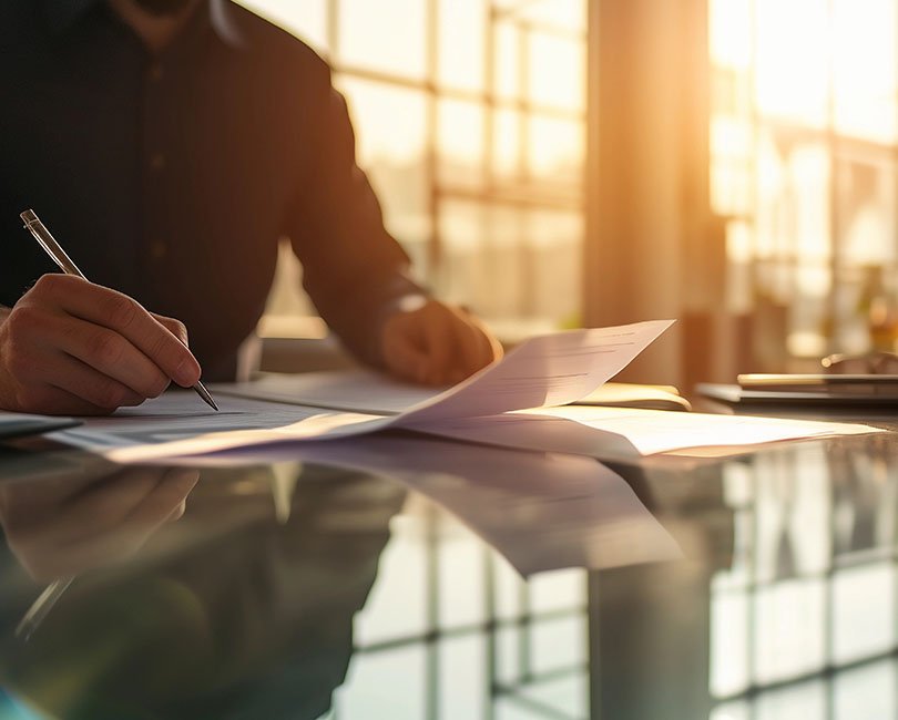 A person in a dimly lit office sits at a glass-topped desk, holding a pen and working on the AASHTO Internal Control Questionnaire (ICQ). The sunlight from a large window illuminates the scene, casting a warm glow and shadows across the desk and documents.