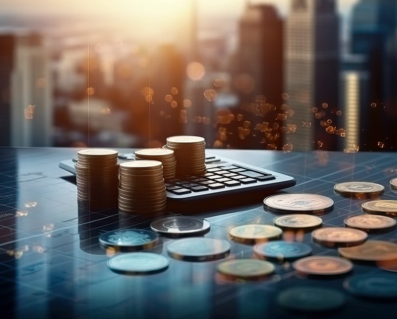 Stacks of coins and scattered currency on a reflective surface, with a calculator nearby. In the background, a cityscape fades into a sunrise or sunset, adding a warm glow to the financial scene.