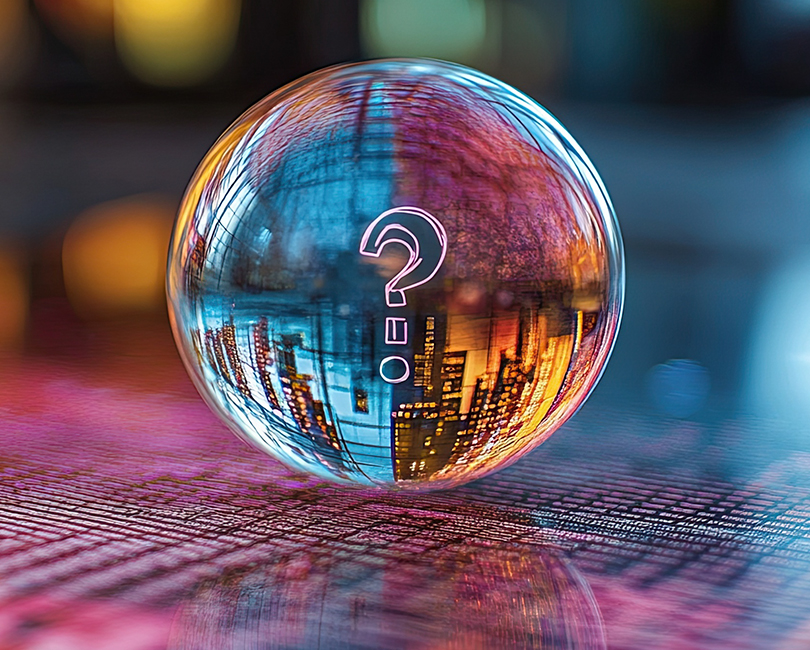 A transparent sphere with a question mark symbol hovers over a colorful, digitized cityscape background.