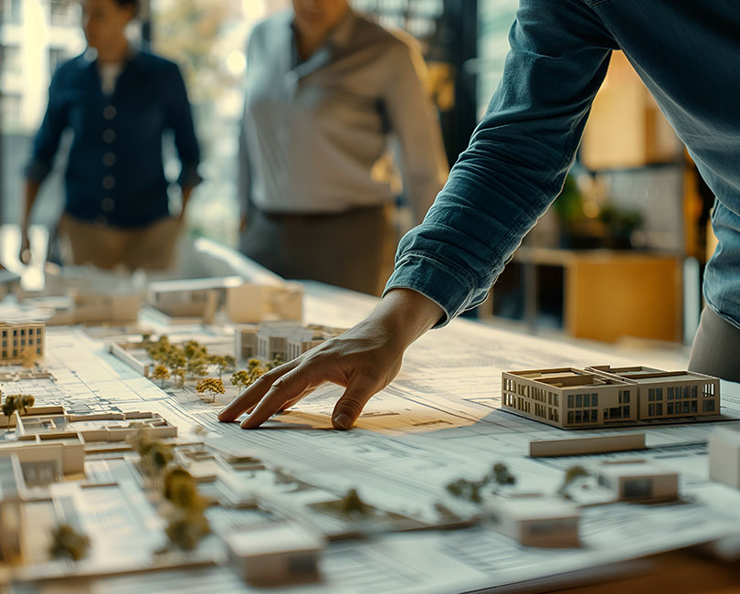 A person points at a detailed architectural model on a table, surrounded by others in a bright, modern office. The model features buildings, trees, and streets, suggesting urban planning or design work.