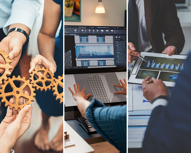 A collage with three images: hands assembling wooden gears, a person working on a computer with architectural software, and two people discussing financial charts on a tablet in an office setting.