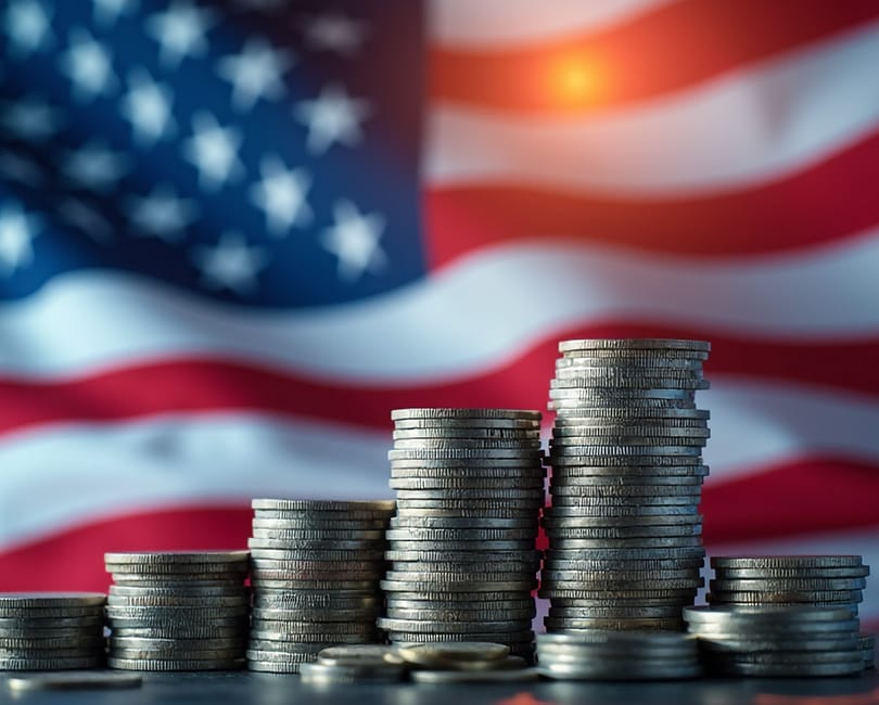 Stacks of coins are arranged in ascending order on a table. The blurred background features the American flag, with a prominent light flare near the flag's top right corner, creating a patriotic theme focused on finance and economy.