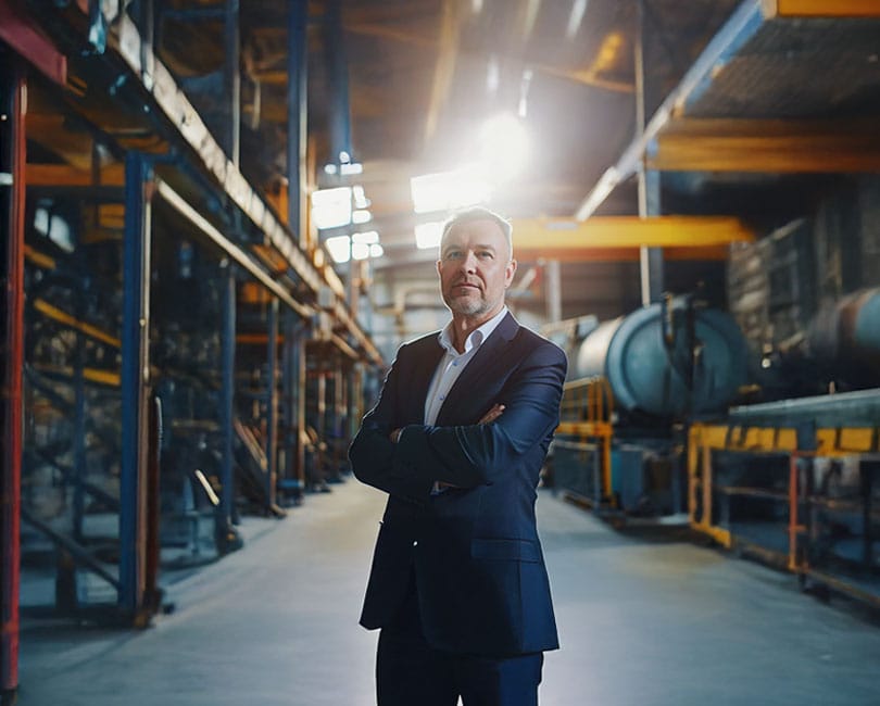 A confident CEO in a suit stands with arms crossed inside an industrial factory. Bright lights illuminate the spacious interior, revealing manufacturing machinery and structural beams in the background.