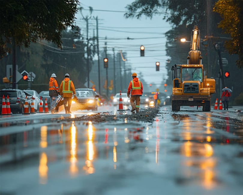 Construction workers in reflective vests and helmets repair a wet road at dusk, surrounded by traffic cones and machinery. Cars and streetlights illuminate the scene, reflecting off the shiny, rain-soaked pavement.