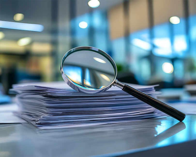 A magnifying glass rests on top of a large stack of papers. The background is blurred, suggesting a busy office environment. The focus is on the magnifying glass, hinting at attention to detail or investigation.