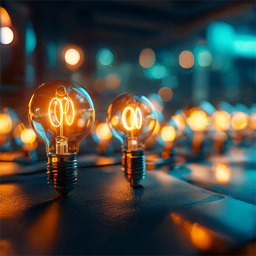 Close-up of several glowing vintage-style filament light bulbs in a row, with a warm, golden-orange glow. The background is softly blurred, highlighting the intricate filaments and bulbs.