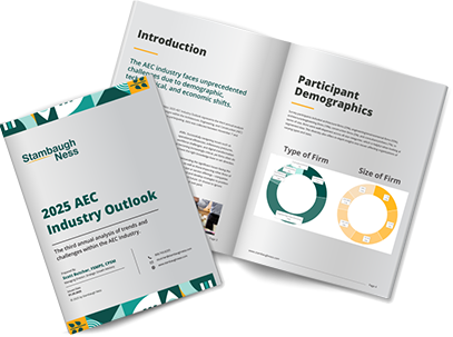 A report titled "2025 AEC Industry Outlook" is shown. One cover page and two open pages are visible, containing sections on introduction and participant demographics from the industry survey, with charts depicting types and sizes of firms.