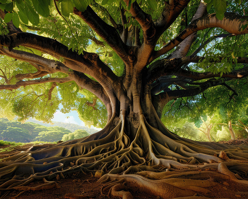 A large, ancient oak tree, symbolizing the deep roots and long-lasting impact of employee retention in AEC mergers and acquisitions. Its expansive, sunlit canopy represents the growth and prosperity that comes from a successful merger.