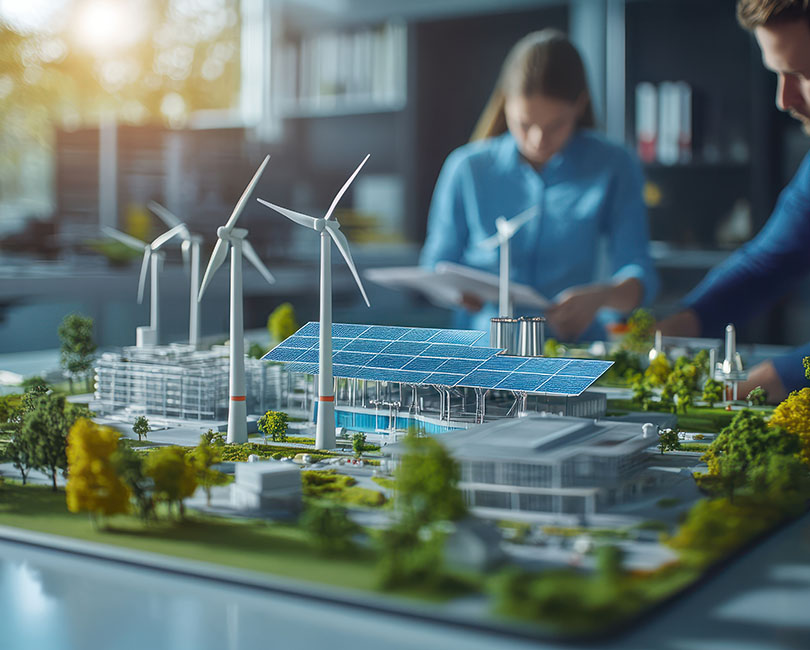 A model of a sustainable city featuring solar panels, wind turbines, and greenery showcases engineering excellence. In the bright room, two people from Verdantas analyze it, suggesting a focus on renewable energy and urban planning.