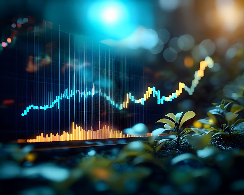 A digital stock chart with rising lines and bar graphs is superimposed over a blurred image of plants and green foliage, symbolizing growth and technology within the National Compensation Matrix. The chart features blue and orange lines amid a luminous backdrop, reflecting dynamic changes in compensation trends.