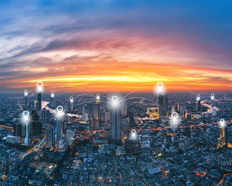 Map pin at city with river curved skyline with sunset light. communication technology in the online society era concept.