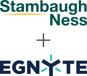 Logo showcasing "Stambaugh Ness" in vibrant green text above a plus sign, seamlessly paired with "Egnyte" in bold dark blue below.