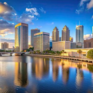 Skyline view of Tampa, Florida, with modern high-rise buildings reflecting in a calm river. The sky is partly cloudy with vibrant blue hues, and the sun casts warm light on the architecture. A bridge elegantly spans the river in the foreground.