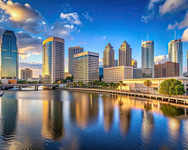 Skyline view of Tampa, Florida, with modern high-rise buildings reflecting in a calm river. The sky is partly cloudy with vibrant blue hues, and the sun casts warm light on the architecture. A bridge elegantly spans the river in the foreground.