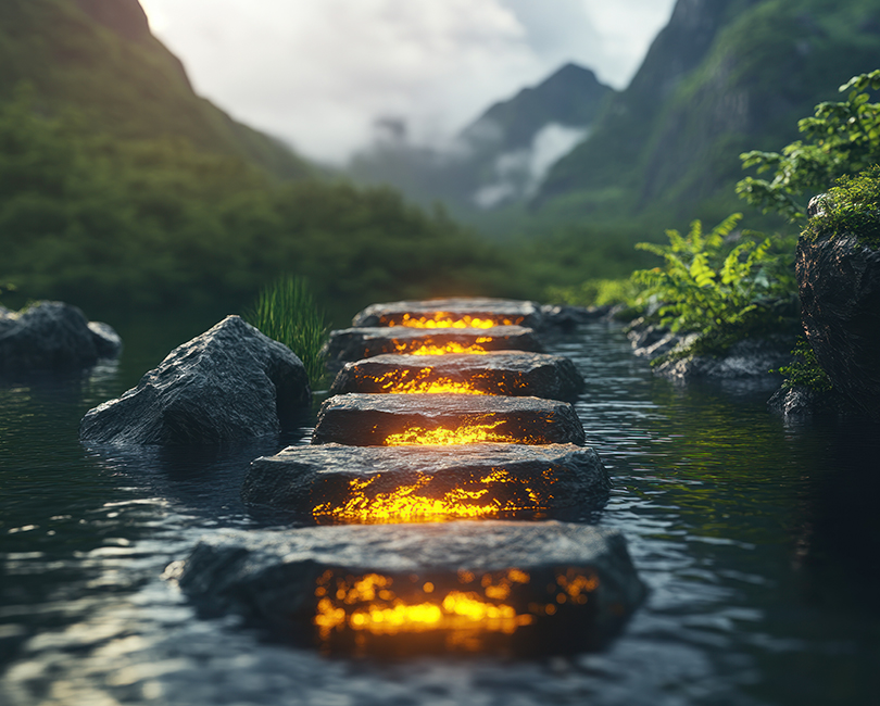 Stepping stones glow with a warm light as they cross a shallow stream surrounded by lush green grass and trees. The sun sets in the background, casting a golden hue over the peaceful scene.