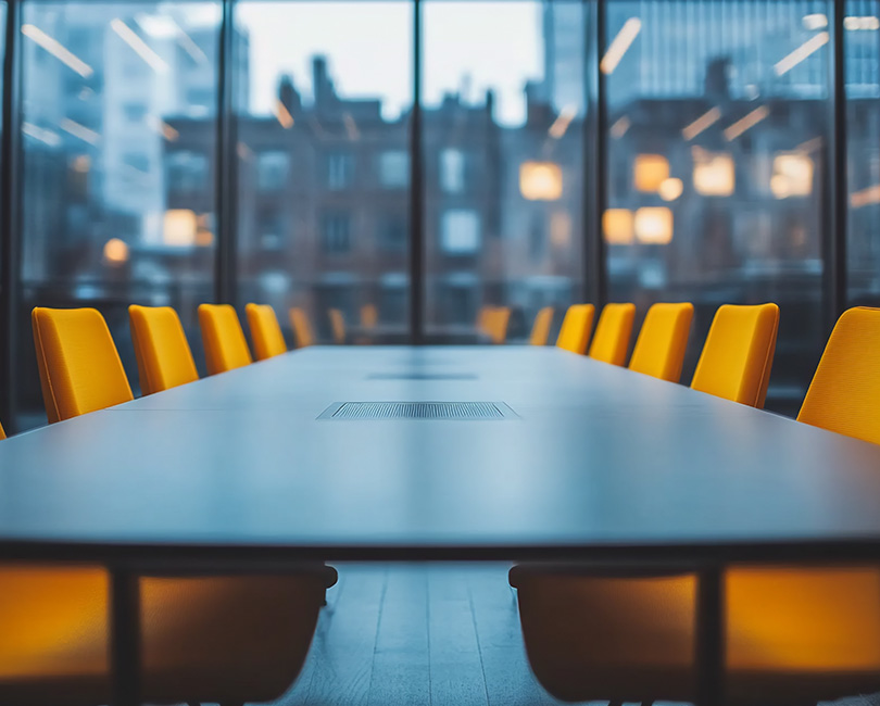 A modern conference room with a large, dark table surrounded by bright yellow chairs. The room is illuminated by overhead lights and features a floor-to-ceiling window offering a blurred cityscape view.