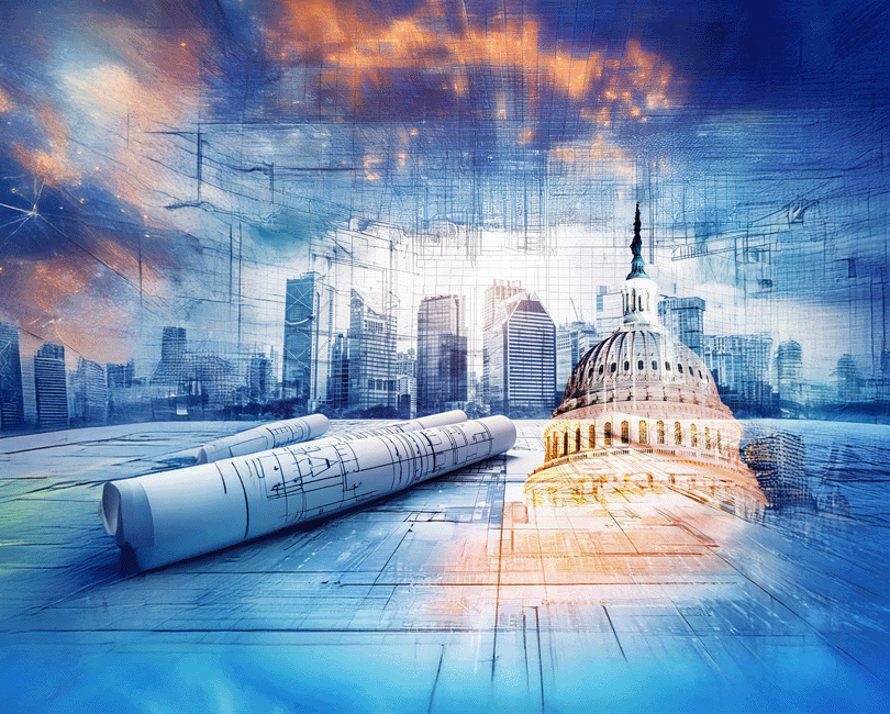 A composite image showcases architectural blueprints in the foreground, a city skyline with skyscrapers in the background, and the dome of a neoclassical building, harmonizing design and urban elements while highlighting innovative approaches by AE firms.